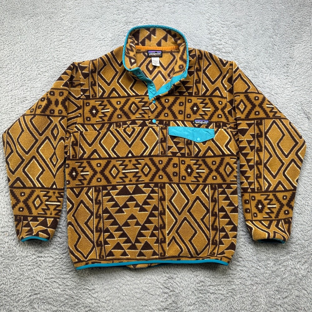 Patagonia Synchilla Mens M Tan Jacket Pullover Montana Siete Aztec AOP